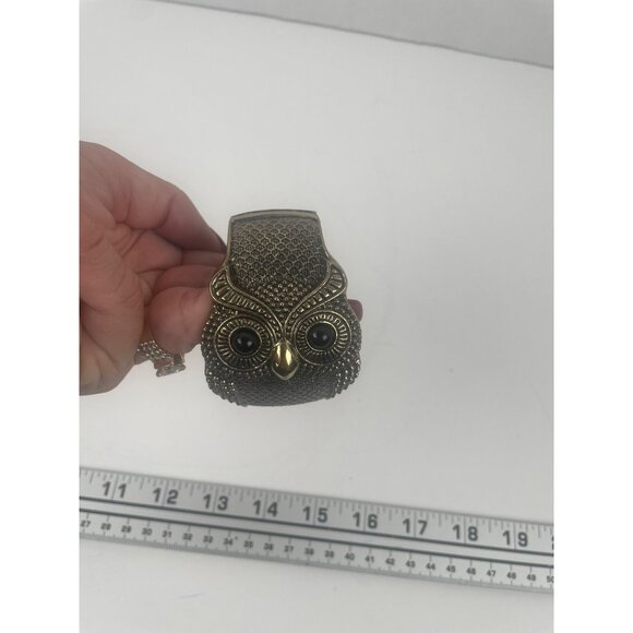 Brass Owl Cuff Bracelet With Black Stone Eyes Retro Statement Piece Unique - Picture 9 of 13